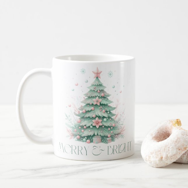 Mug Christmas Merry & Bright Christmas Tree Mint Pink (Avec donut)