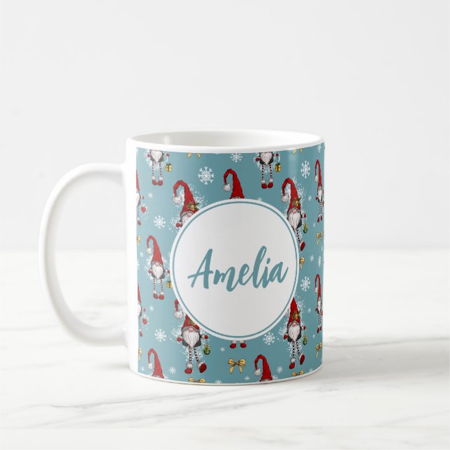 Mug Christmas Nordic Gnomes Blue Pattern With Name  (Gauche)