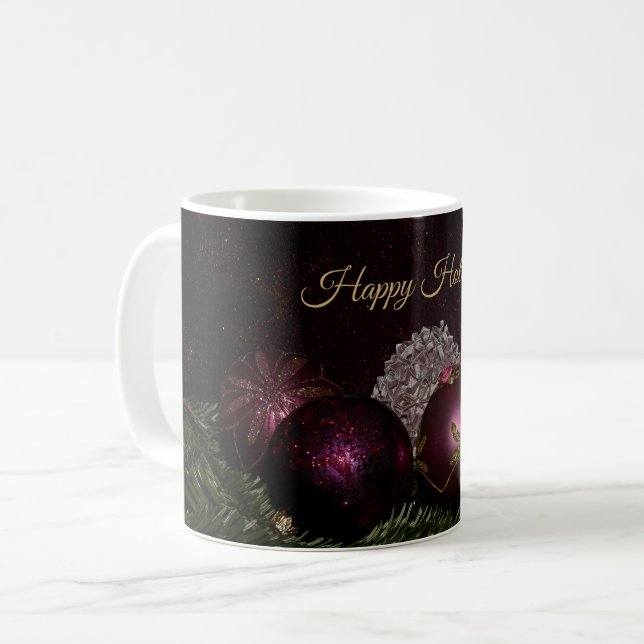Mug Christmas Party Pink Ornaments Green Leaves Black (Devant gauche)