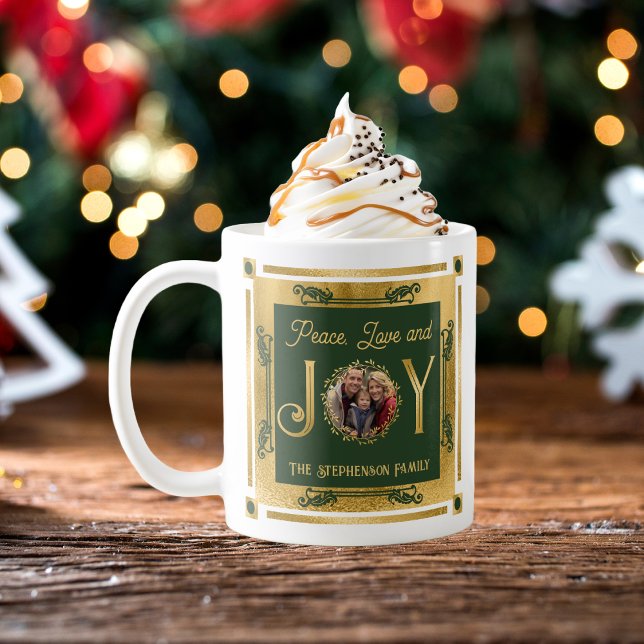 Mug Christmas Peace Love and Joy Photo de famille (Christmas Peace, Love and Joy Family Photo Coffee Mug - Dark Green and Faux Gold)