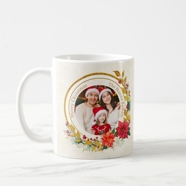 Mug Christmas Photo - Gold Glitter Wreath Family (Gauche)