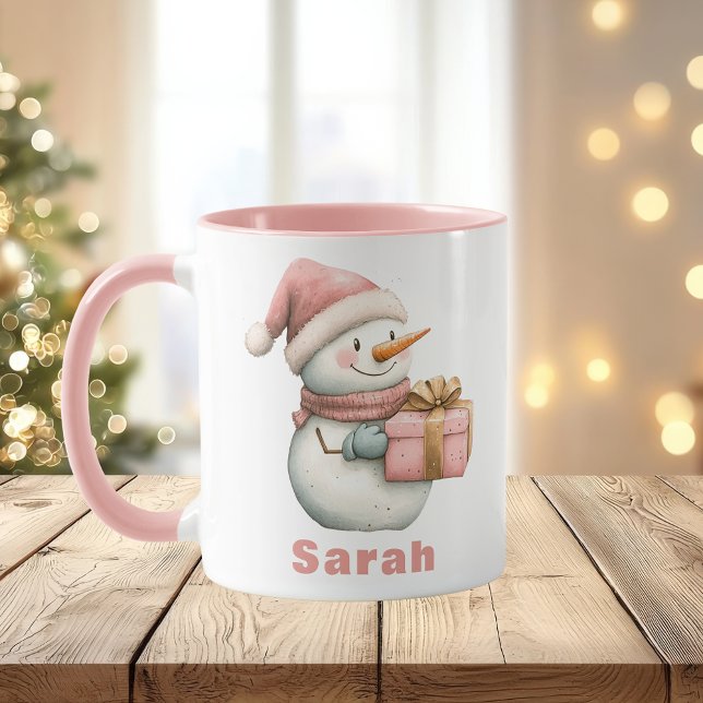 Mug Christmas Pink Snowman Cadeau Nom personnalisé (Christmas Pink Snowman Gift Custom Name Mug
)