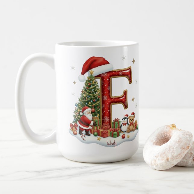 Mug Christmas Santa Claus Elf Penguin Alphabet F (Avec donut)