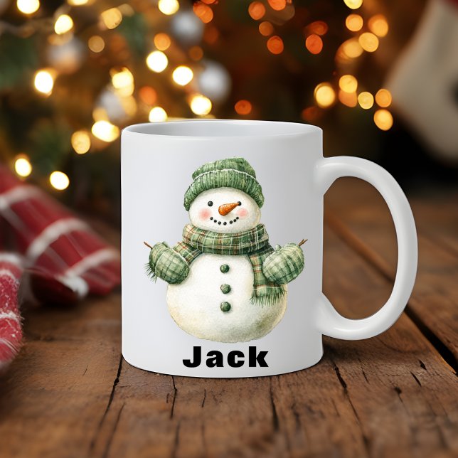 Mug Christmas Snowman Green Casquette Nom personnalisé (Christmas Snowman Green Hat Custom Name Coffee Mug)