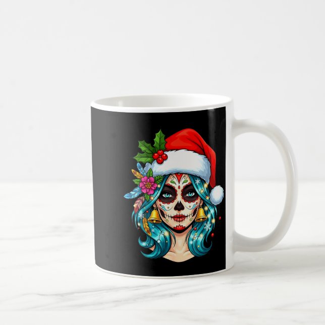 Mug Christmas Sugar Skull Art Woman Santa Hat Festive  (Droite)