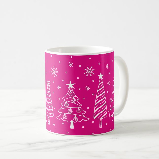 Mug Christmas Trees in Snow Chalk Board Pink and White (Devant droit)