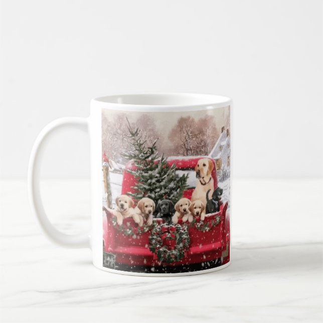 Mug  Christmas Vintage Red Truck With Puppies Dogs  (Gauche)