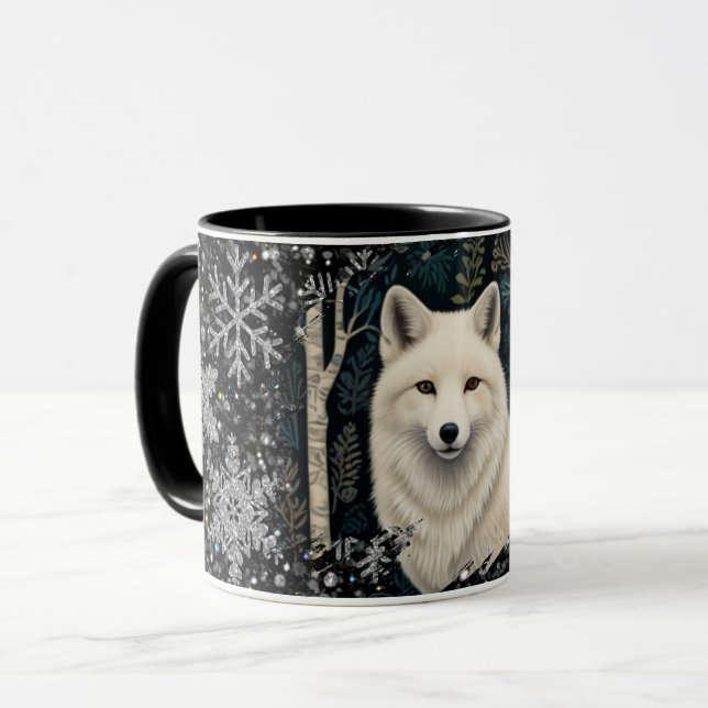 Mug Christmas white fox white wolf sparkling snowflake (Devant gauche)