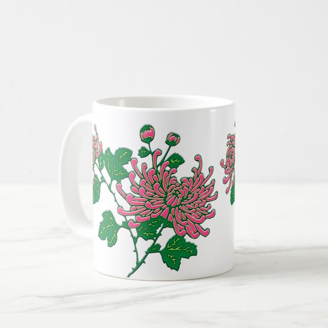 Mug Chrysanthèmes de l'araignée chinoise en rose corai (Devant gauche)