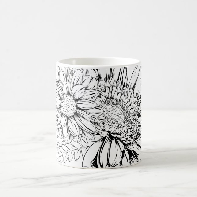 Mug Chrysanthemum Black Line Drawing with Your Name  (Centre)