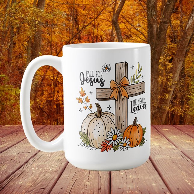 Mug Chute pour Jésus Croix chrétienne d'automne ("Fall for Jesus, He never leaves" Christian cross and pumpkins autumn/Thanksgiving mug)