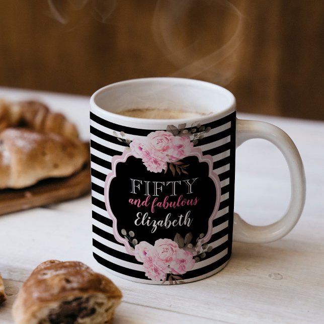 Mug Cinquante & Fantastique Fleurs Roses Rayées 50e An (Beautiful pink floral 50th birthday featuring black and white stripes.)
