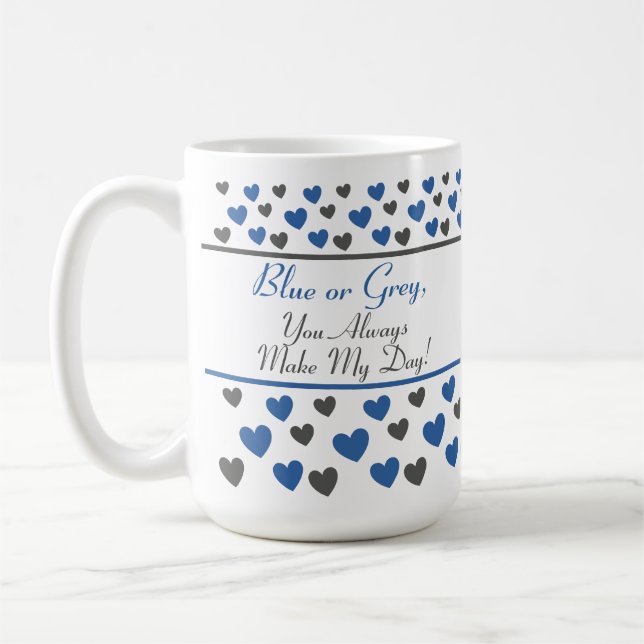 Mug Citation amusante et inspirante, Coeurs bleu et gr (Gauche)