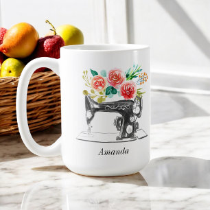 Mug Citation de la machine à coudre noire Floral rouge
