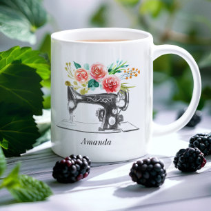 Mug Citation de la machine à coudre noire rouge Floral