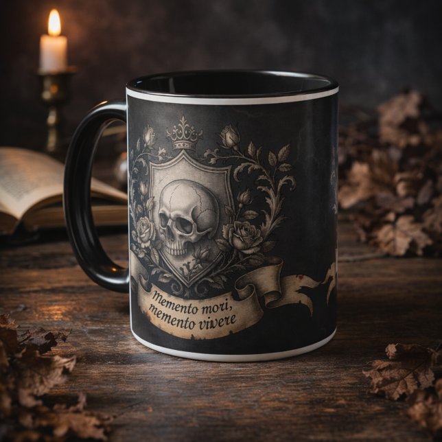 Mug Citation latine gothique de crête de crâne de Meme (Memento Mori Skull Crest Gothic Latin Quote Art Mug)