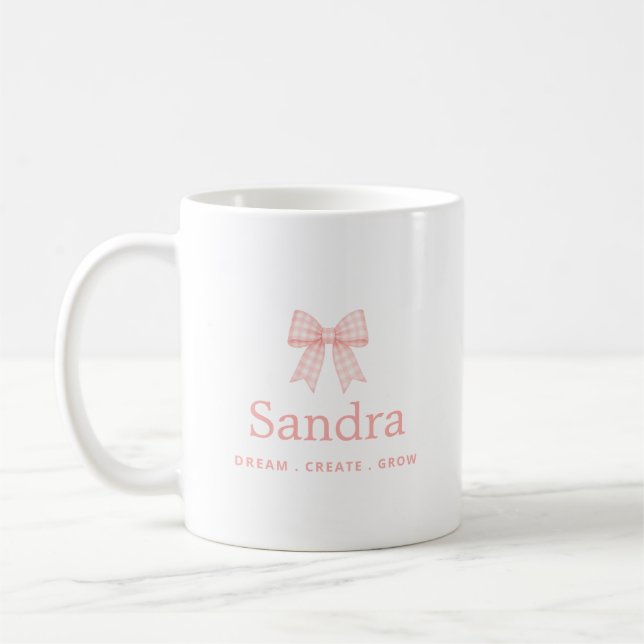 Mug Citation positive avec nom et ruban rose Gingham (Gauche)