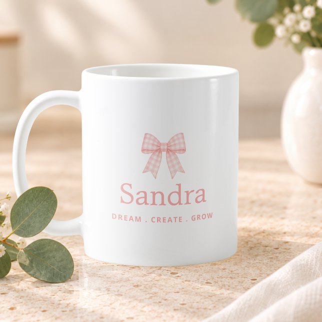 Mug Citation positive avec nom et ruban rose Gingham (Créateur téléchargé)