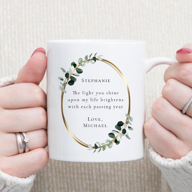 Mug Citation romantique Eucalyptus Gold (The Light You Shine Romantic Quote Eucalyptus Gold Oval Coffee Mug)