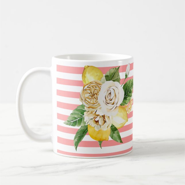 Mug Citrons et roses à rayures roses (Gauche)