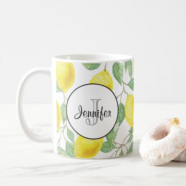 Mug Citrons jaunes avec Monogramme Motif vert (Avec donut)