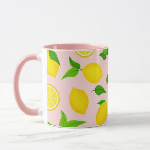 Mug Citrons jaunes d'été Feuilles verts sur rose pâle