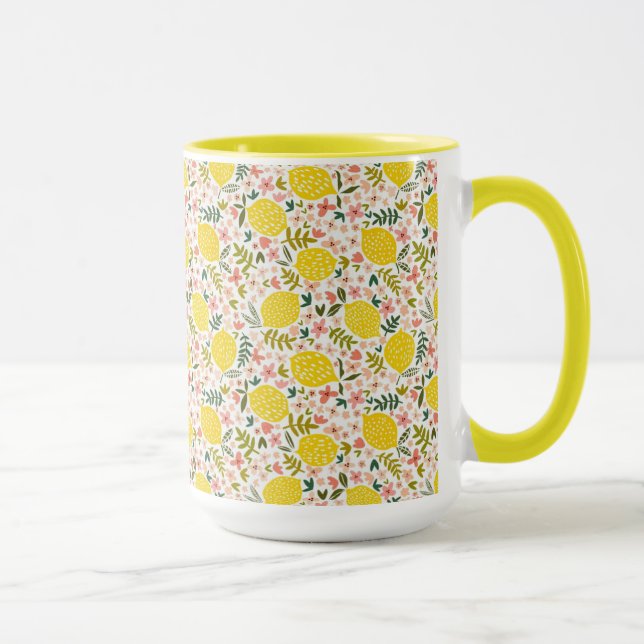 Mug Citrons jaunes modernes avec fleurs roses (Droite)