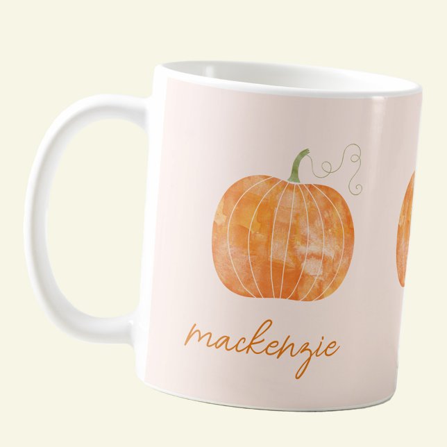 Mug Citrouille d'aquarelle personnalisé automne (Modern script personalized custom name watercolor pumpkin mug for autumn, fall and Thanksgiving)
