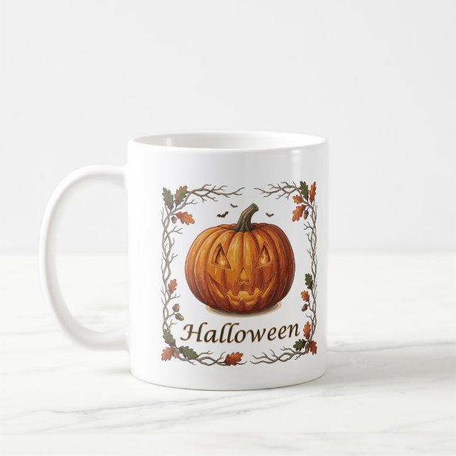 Mug Citrouille d'Halloween effrayante Cadre de feuille (Gauche)