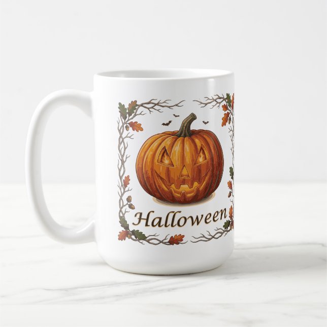 Mug Citrouille d'Halloween effrayante Cadre de feuille (Gauche)