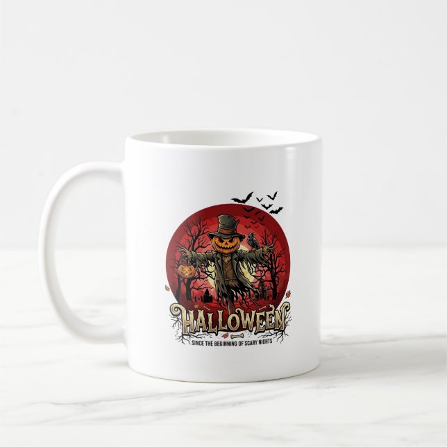 Mug Citrouille d'Halloween Épouvantail Corbeau Chauves (Gauche)