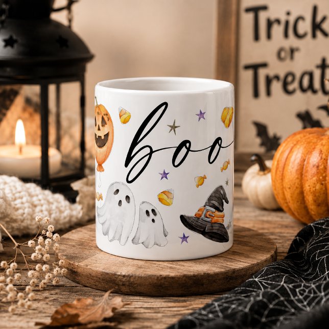 Mug Citrouille fantôme Halloween aquarelle mignonne (Warm up your autumn mornings with this Boo cute watercolor Halloween ghost pumpkin coffee mug design)
