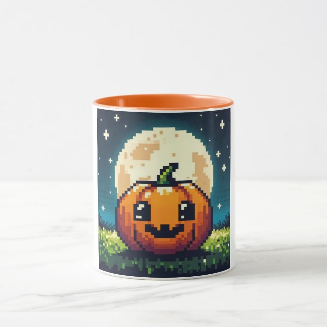 Mug citrouille Halloween 8 bits sous la lune (Centre)