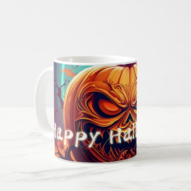 Mug Citrouille orange effrayant avec visage, Halloween (Devant gauche)