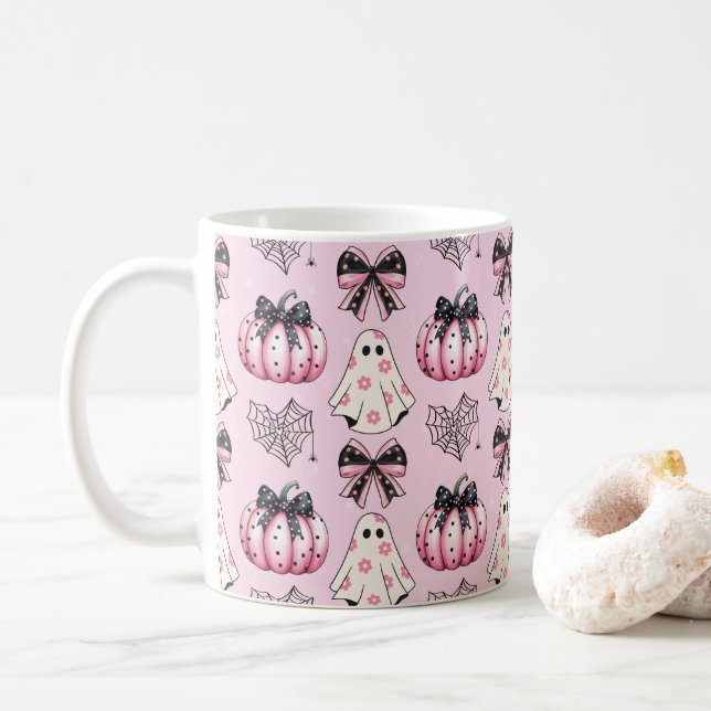 Mug Citrouille rose Coquette Ghosts Motif d'Halloween (Avec donut)