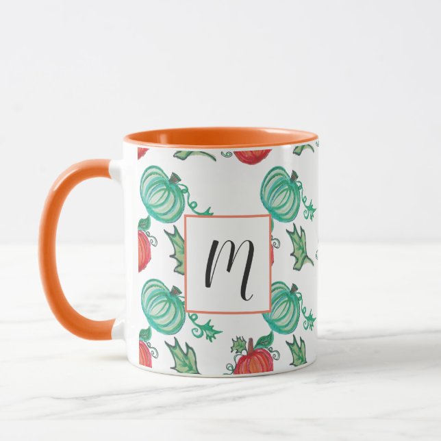 Mug Citrouilles Aquarelle Motif Vert Orange Végétal (Gauche)