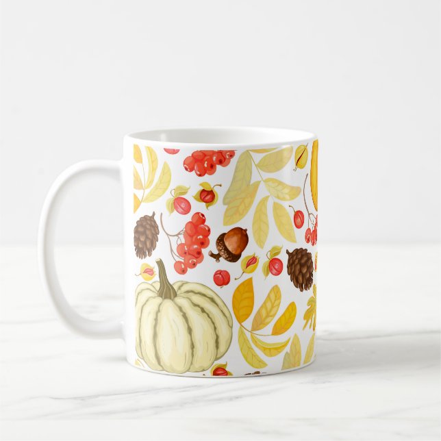 Mug Citrouilles d'automne, glands, arrière - plan vint (Gauche)