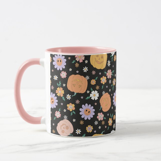 Mug Citrouilles d'Halloween rétro et Motif de fleurs (Gauche)