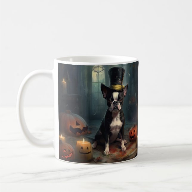 Mug Citrouilles Épouvantables Halloween Boston Terrier (Gauche)