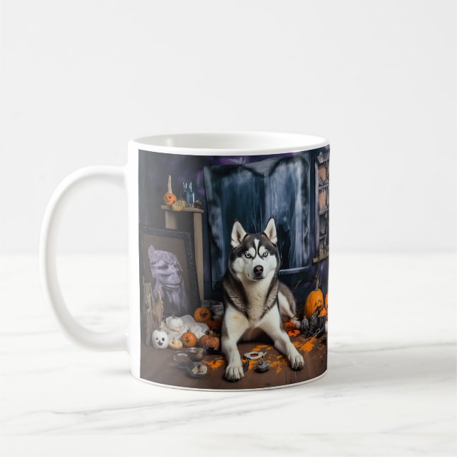 Mug Citrouilles Épouvantables Halloween Husky Sibérien (Gauche)