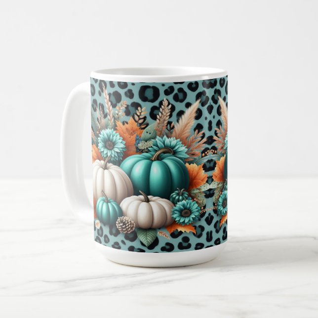 Mug Citrouilles et fleurs sur Empreinte de léopard (Devant gauche)