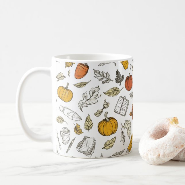 Mug Citrouilles orange et feuilles de style gravé.   (Avec donut)