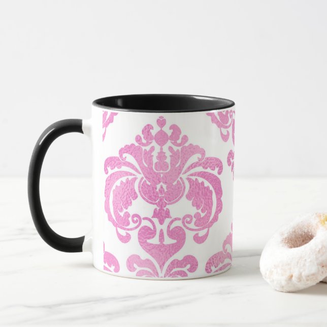 Mug Clair rose et blanc Élégant Chic Damask Patte (Avec donut)