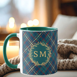 Mug Classic Monogram Gold Wreath Green Tartan Plaid