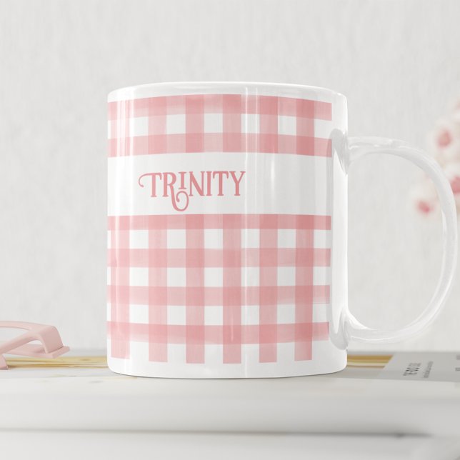 Mug Classic rose et blanc En vichy Plaid Personnalisé (Créateur téléchargé)