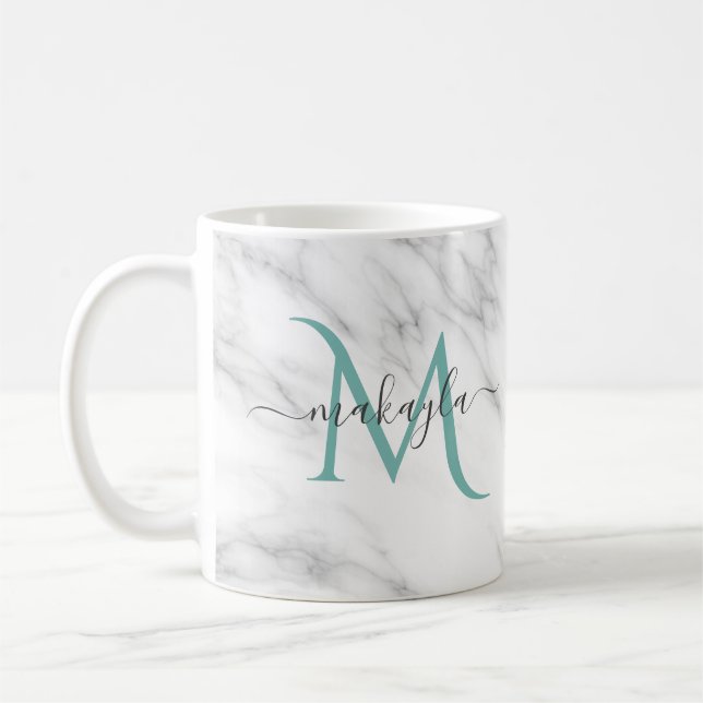 Mug Classy Girly Marble Nom du script Monogramme (Gauche)