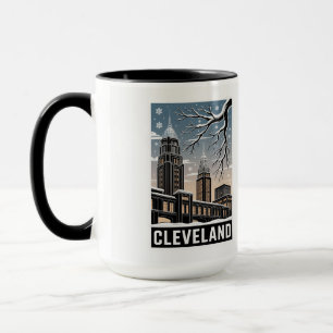 Mug Cleveland Ohio Skyline Hiver Gravure sur bois Noir