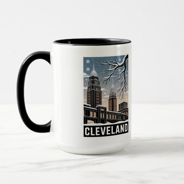 Mug Cleveland Ohio Skyline Hiver Gravure sur bois Noir (Gauche)