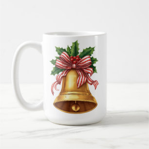 Mug Cloche de Noël dorée Holly et nœud rayé