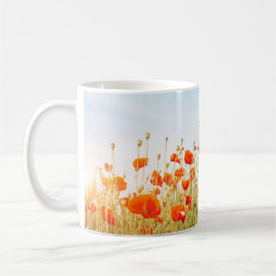 Mug Close up poppies on field. Wild flowers in springt
